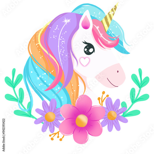 A cute cartoon unicorn with pink,purple, blue and orange mane