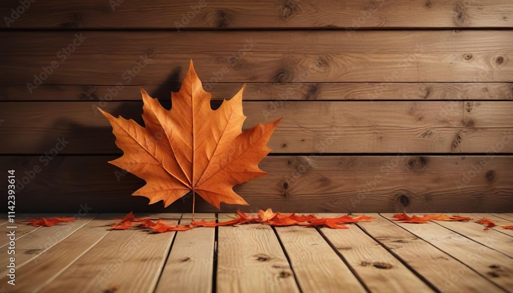 Obraz premium Cozy autumn atmosphere with maple leaf shadows on a wooden accent wall, fall colors, natural textures