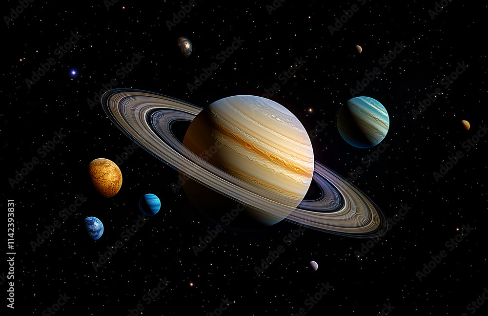 Naklejka premium planets in our solar system, with a black background. The planet Saturn is centered and large