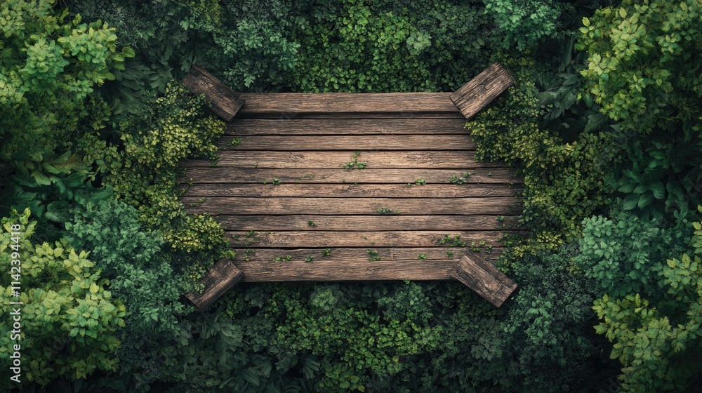 A bird eye view of a rustic wooden bridge over a forest path, surrounded by greenery, with ample space for center text A bird eye view of a rustic wooden bridge over a forest path, surrounded by greenery, with ample space for center text