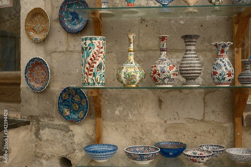 Göreme, Cappadocia, Türkiye - December 1, 2024: Traditional handcrafted plates, bowls, and decorative vases made of ceramics displayed in the storefront of a souvenir gift shop photo