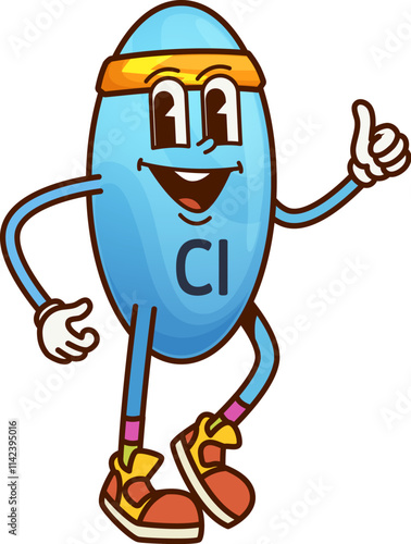 Cartoon groovy chlorine vitamin and micronutrient character. Isolated vector cl molecule exudes fun, sporty vibe. Blue, oval capsule in headband and sneakers giving thumbs up gesture with a big smile