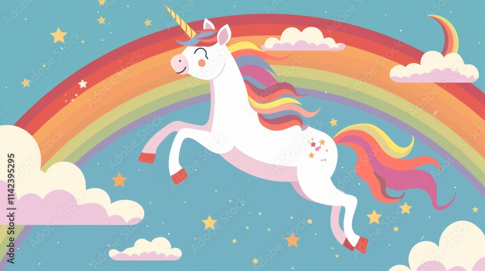 Fototapeta premium Magical unicorn galloping joyfully over a vibrant rainbow in a whimsical sky filled with fluffy clouds and twinkling stars