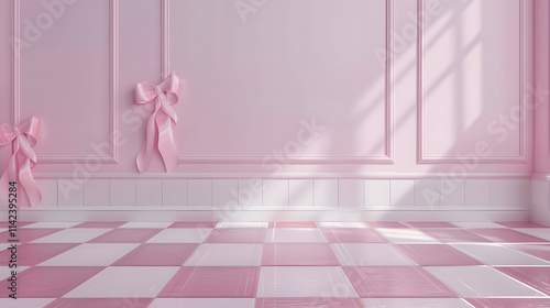 Pink Room Interior with Checkered Floor and Bows