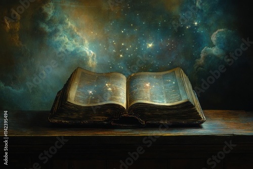 Open book revealing starry sky surrounded by ethereal clouds and glow, inspiring wonder and imagination