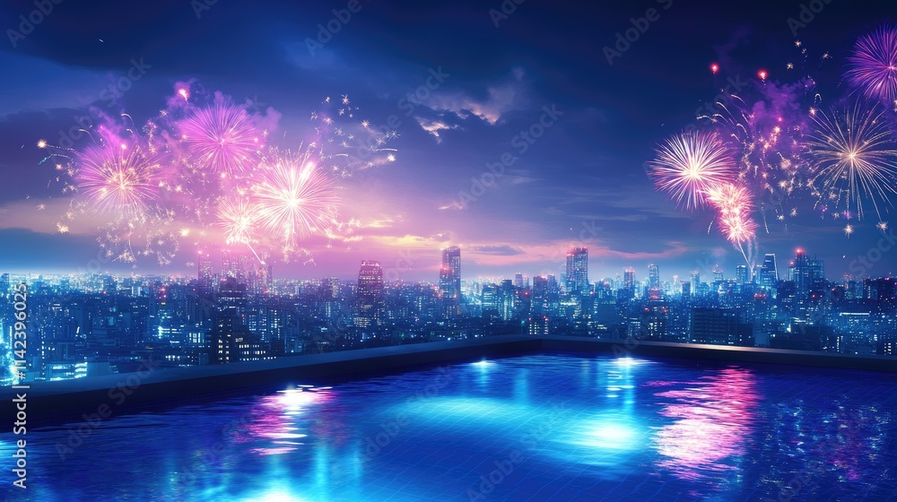 Obraz premium A city skyline with vibrant fireworks exploding above a swimming pool, creating a magical scene of celebration, with ample space for overlay text.