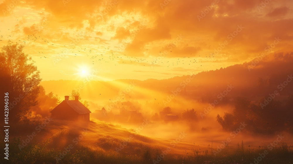 Serene Sunrise Over a Quiet Village Featuring Golden Skies and Gentle Fog, Illuminating the Peaceful Landscape with a Warm Glow Serene Sunrise Over a Quiet Village Featuring Golden Skies and Gentle Fog, Illuminating the Peaceful Landscape with a Warm Glow