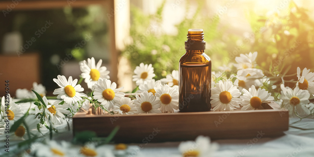 A bottle of essential oils stands on a wooden tray surrounded by fresh daisies and soft sunlight, creating a serene and calming atmosphere A bottle of essential oils stands on a wooden tray surrounded by fresh daisies and soft sunlight, creating a serene and calming atmosphere