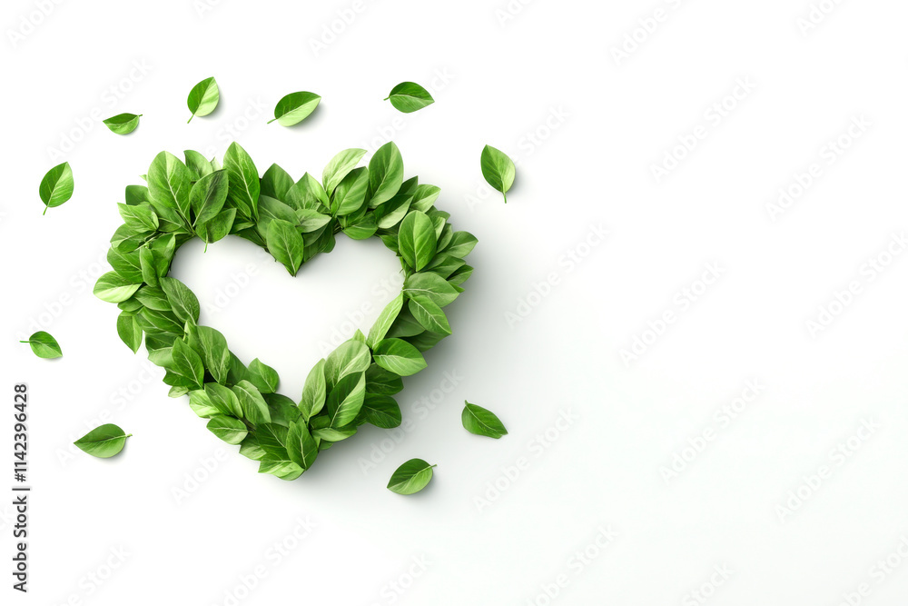A heart shape made of fresh green leaves, symbolizing love and nature, surrounded by scattered leaves on a white background. A heart shape made of fresh green leaves, symbolizing love and nature, surrounded by scattered leaves on a white background.