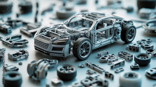A close-up of a car modular parts, illustrating how automakers are designing vehicles for easy disassembly and material recycling in a circular economy