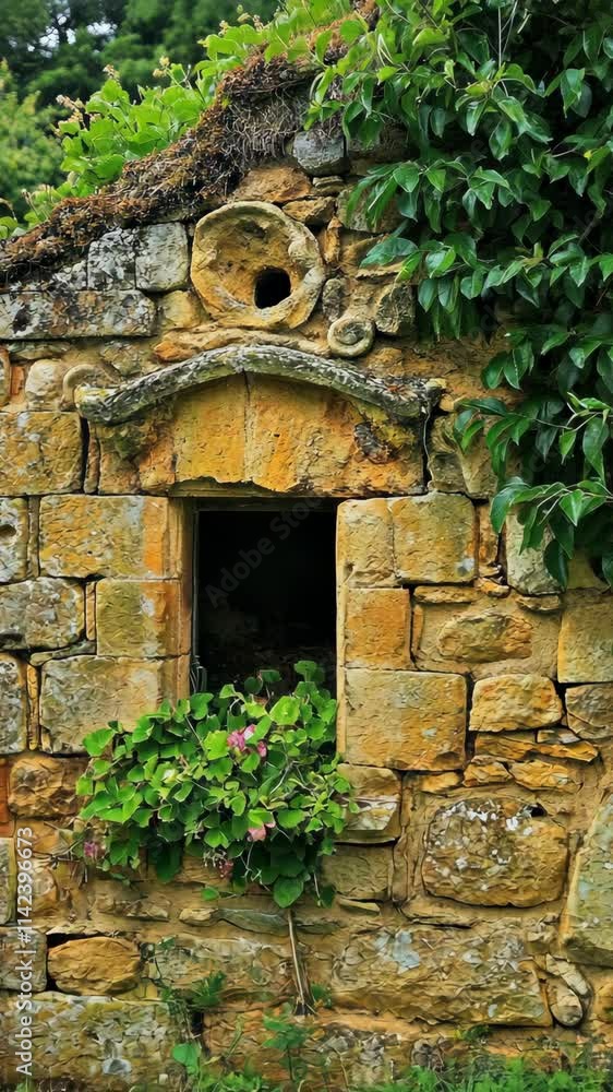 Rustic stone wall with greenery, showcasing nature's touch in a historic village setting Rustic stone wall with greenery, showcasing nature's touch in a historic village setting