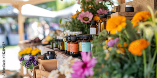 A vibrant farmers market stall showcases spring wellness products and fresh flowers inviting visitors to enjoy a healthy lifestyle