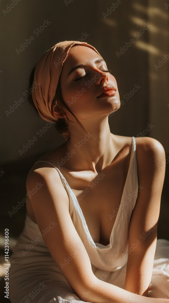 Muslim woman in hijab praying with closed eyes during ramadan, basking in the sunlight from a window Muslim woman in hijab praying with closed eyes during ramadan, basking in the sunlight from a window