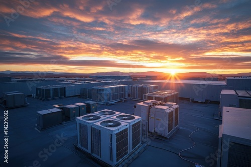 Rooftop view of HVAC units at sunset with vibrant clouds over urban landscape