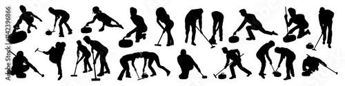 Curling player silhouette set. Men and women in different poses. Vector illustration. Winter sport
