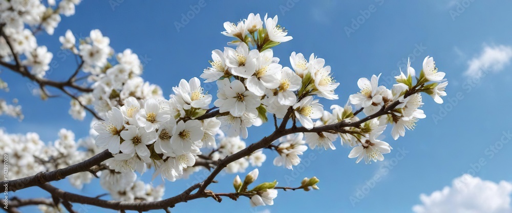Elegant white plum tree flowers on branches under blue sky, natural, serene Elegant white plum tree flowers on branches under blue sky, natural, serene