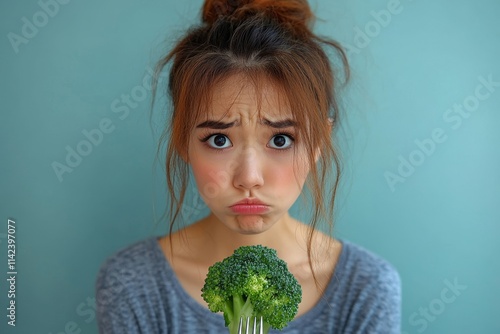 unhappy asian women is on dieting time looking at broccoli on the fork. girl do not want to eat vegetables and dislike taste, Generative AI photo