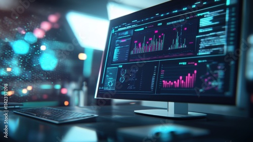 Wallpaper Mural Advanced Data Analysis Visualization on Computer Screen with Dynamic Graphs and Digital Interface in Modern Work Environment Torontodigital.ca