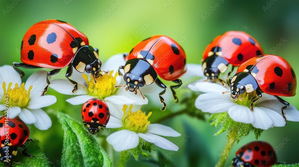 Naklejka premium A close-up of ladybugs on plants, aiding in pest control without pesticides in a healthy, biodiverse regenerative farm