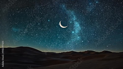 Crescent moon over dark desert dunes under a starry night sky with the Milky Way. Video Footage Ai
