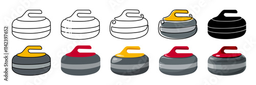 Curling stone set vector illustration. Flat, cartoon, outline, continuous line drawing, silhouette style. Winter sport