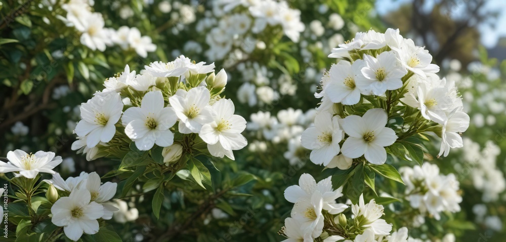 Exquisite white flowers in full bloom on a healthy bush, sustainable gardening, vibrant hues, lush garden, floral textures, harmony with nature Exquisite white flowers in full bloom on a healthy bush, sustainable gardening, vibrant hues, lush garden, floral textures, harmony with nature