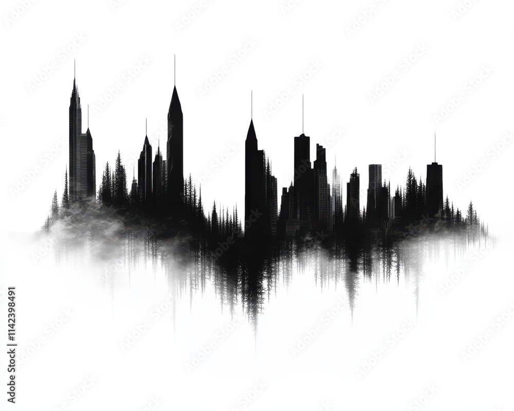 Silhouette of a city skyline with a cloud effect, white isolate background. Silhouette of a city skyline with a cloud effect, white isolate background.