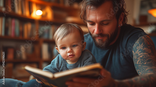 Father with his little son reading a book in the library at home