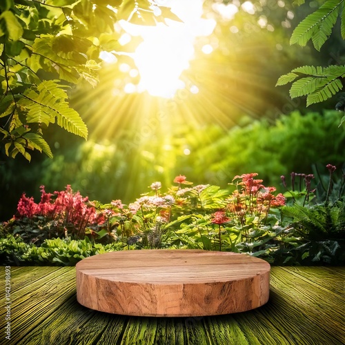 Natural Podium in Flower Garden with Sunlight for Presentation Concepts