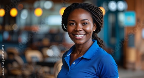 African woman happy wearing blue polo shirt looking on camera
