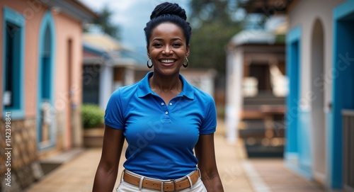 African woman happy wearing blue polo shirt looking on camera