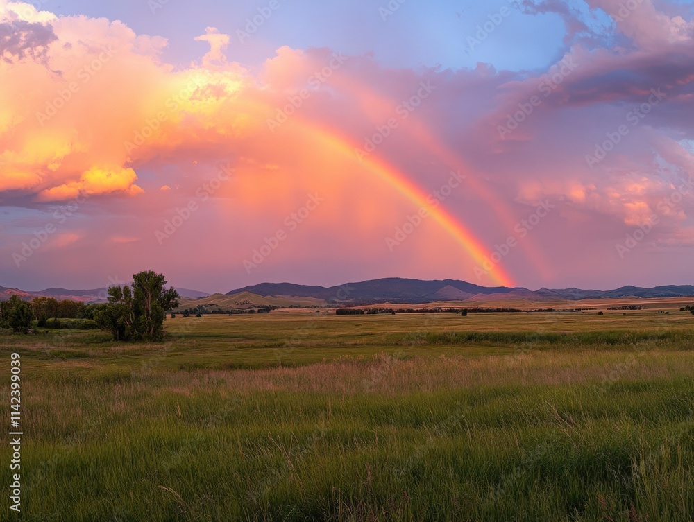 double rainbow over grassy field at sunset double rainbow over grassy field at sunset