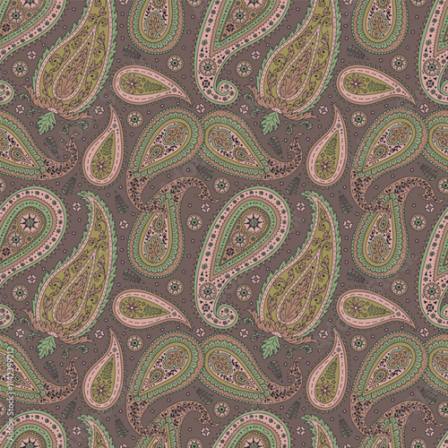 Colorful seamless pattern with Paisley motifs on brown background. Traditional indian repeat design. Mughal abstract wallpaper