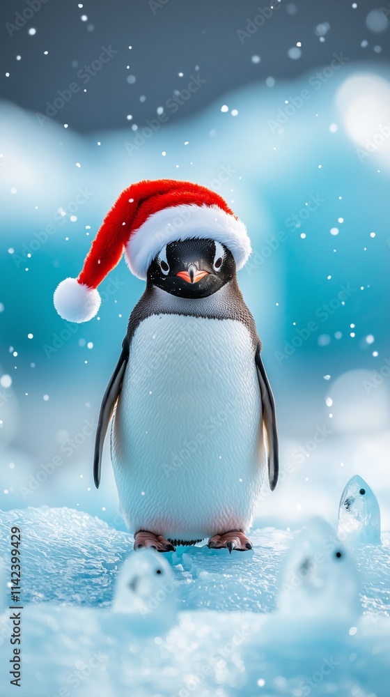 A Charming Penguin in a Santa Hat Standing Proudly on Snowy Ice, Embracing the Spirit of Winter Magic and Holiday Festivities A Charming Penguin in a Santa Hat Standing Proudly on Snowy Ice, Embracing the Spirit of Winter Magic and Holiday Festivities