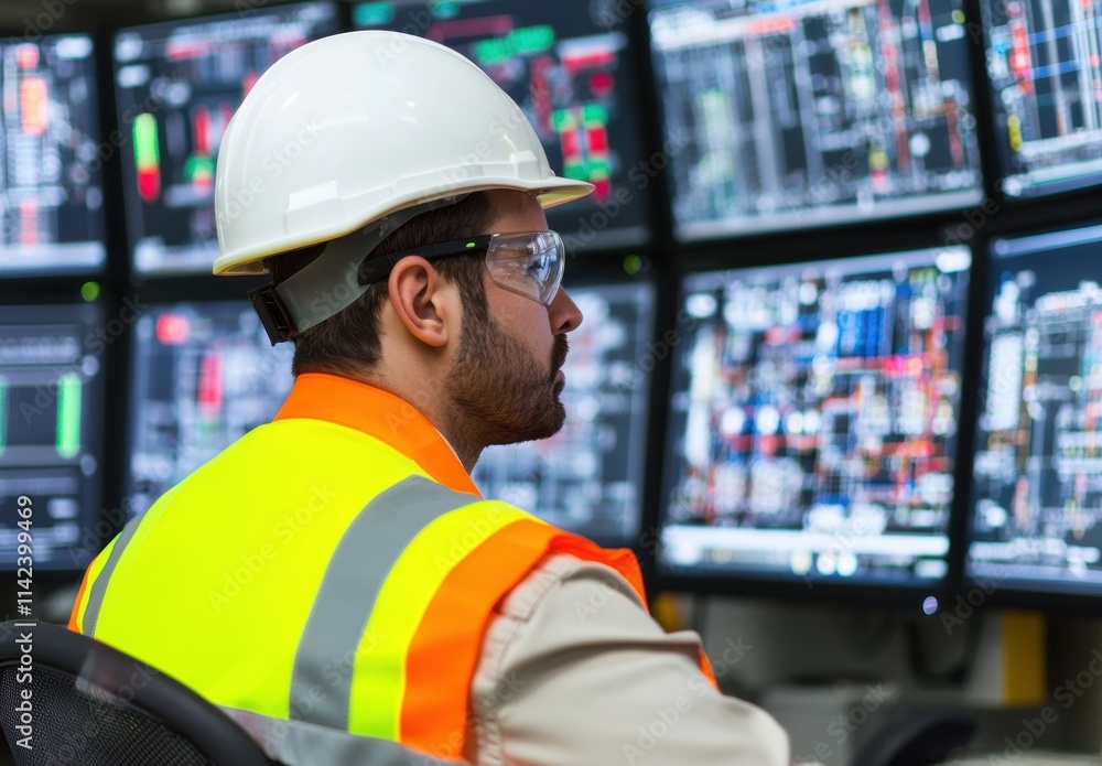 Construction Worker Monitoring Data on Multiple Screens at Workplace Construction Worker Monitoring Data on Multiple Screens at Workplace