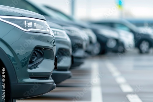 Automotive dealerships showcasing prime real estate with expansive asphalt lots filled with shiny vehicles for sale. Transportation, inventory management, and the commercial automotive industry. photo