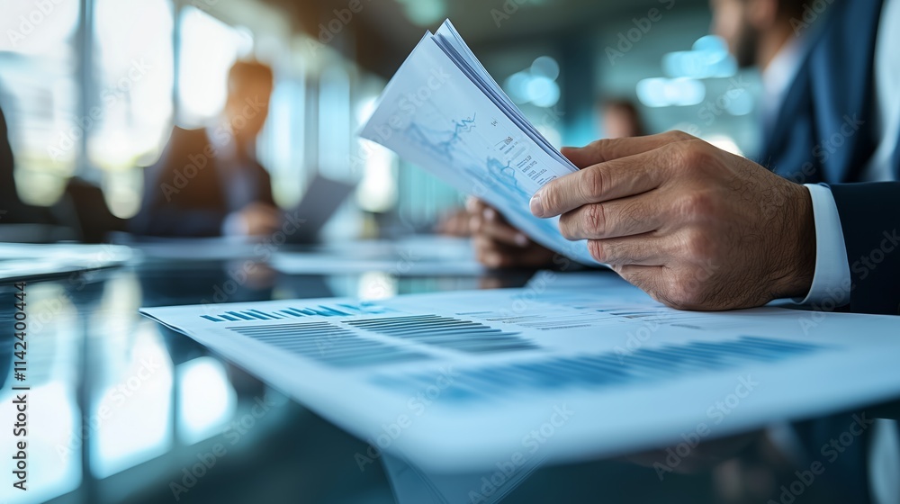 Business Professional Engaged in Document Review with Focus on Papers in a Modern Office Setting Surrounded by Colleagues Business Professional Engaged in Document Review with Focus on Papers in a Modern Office Setting Surrounded by Colleagues