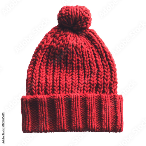 Red knitted beanie hat isolated on white or transparent background