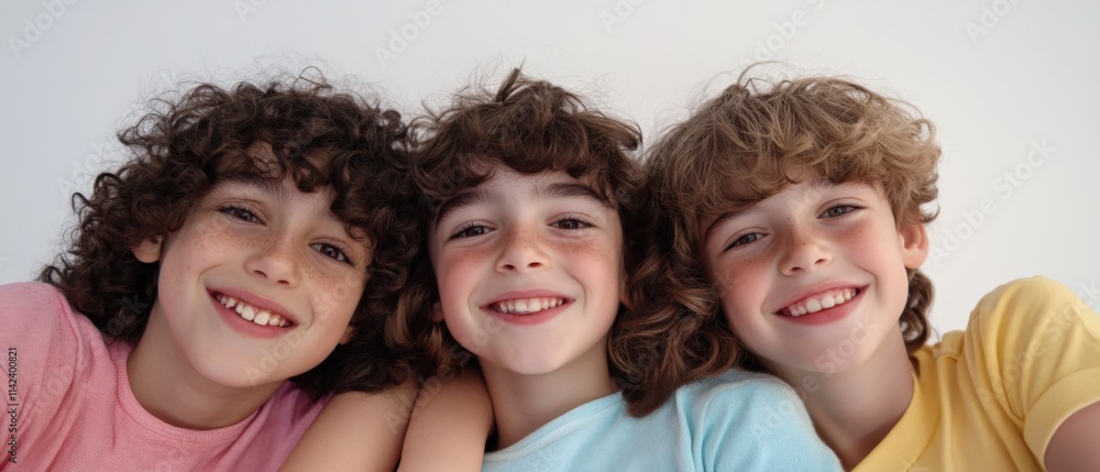 three children smiling and posing for a photograph three children smiling and posing for a photograph