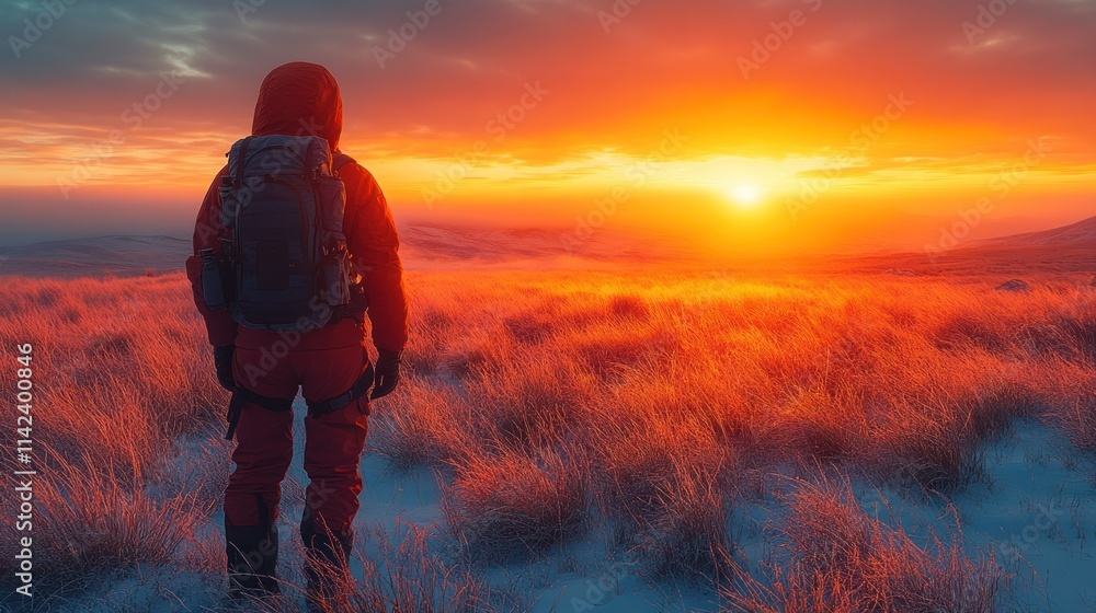 Hiker watching a vibrant sunset over a landscape. Hiker watching a vibrant sunset over a landscape.