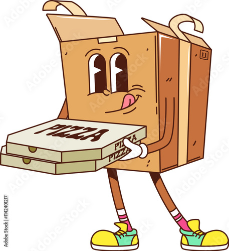 Cartoon groovy delivery cardboard box character with a pizza box in its hands. Isolated vector post service or express shipping retro personage. Funny parcel or carton pack working as pizzeria courier