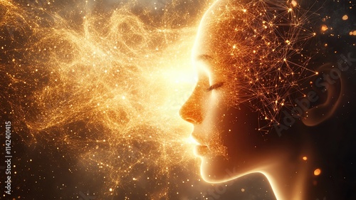 the universe how Artificial intelligence Serene woman, glowing energy, spiritual awakening
