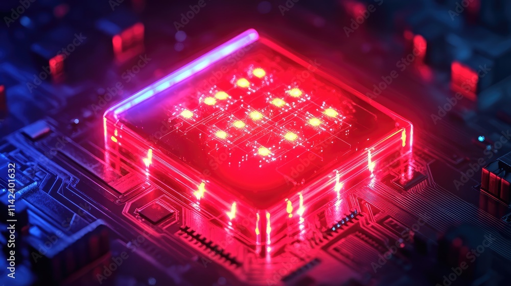 Obraz premium A glowing quantum microchip with its complex architecture and quantum pathways illuminated, set against a high-tech background