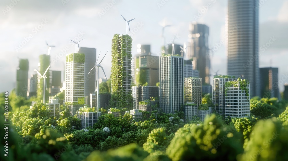 Obraz premium A digital rendering of a smart city with eco-friendly infrastructure and green technologies, featuring room for copy text alongside the model