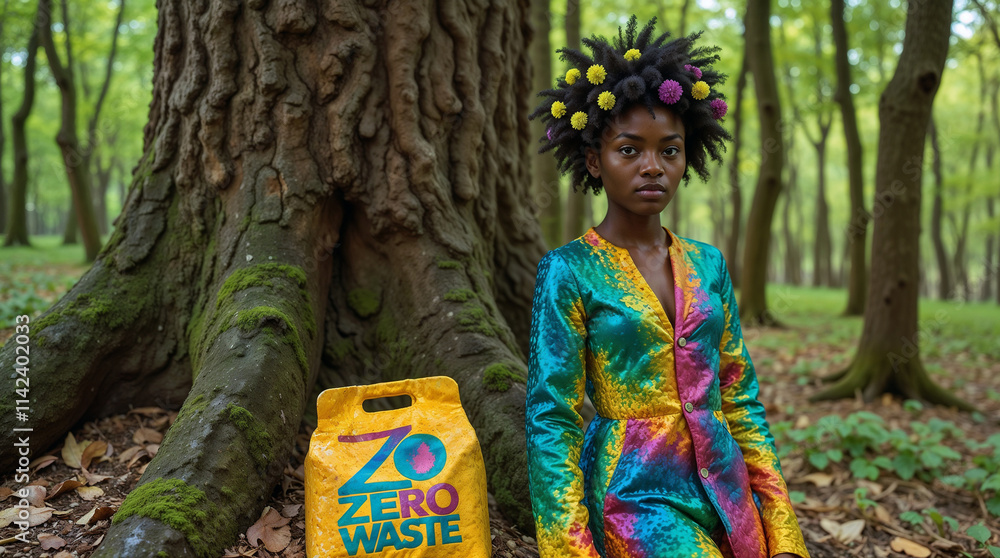 A model showcasing a fashionable outfit made entirely from recycled materials. The model stands against a huge tree. Nearby lies a reusable bag with 'Zero Waste' written on it. A model showcasing a fashionable outfit made entirely from recycled materials. The model stands against a huge tree. Nearby lies a reusable bag with 'Zero Waste' written on it.