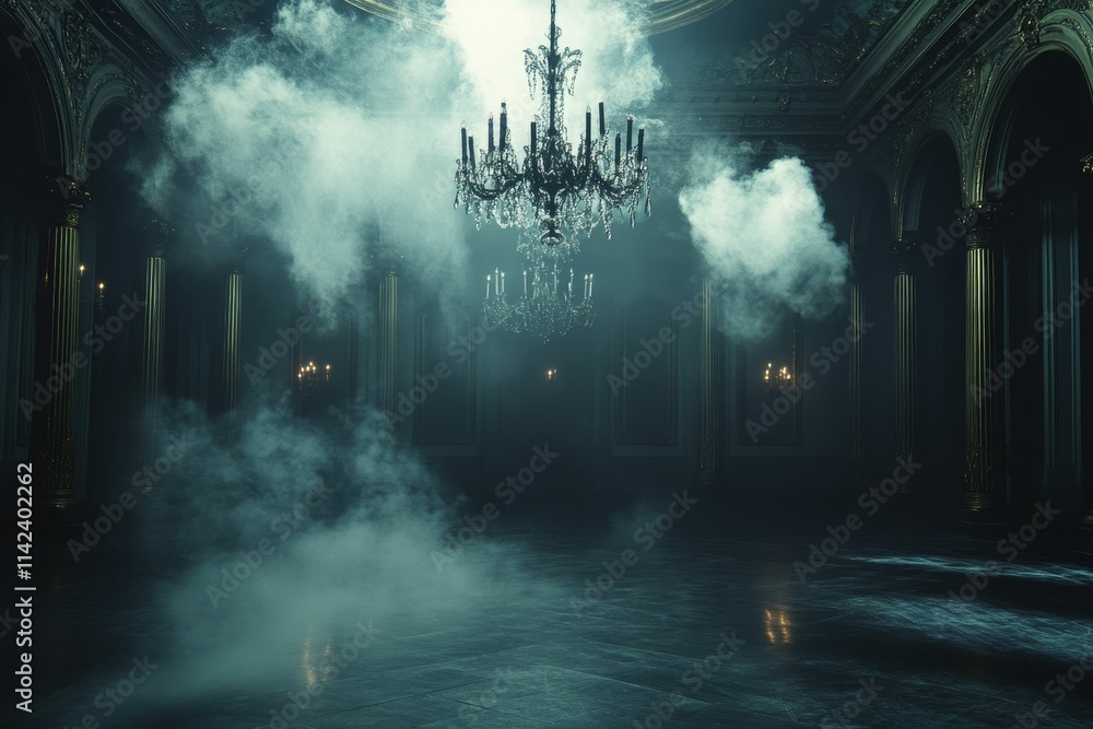 Smoke-filled hall, grand chandelier, ornate columns. Smoke-filled hall, grand chandelier, ornate columns.