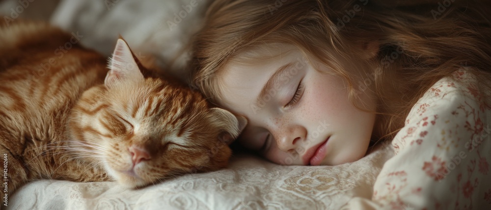 A child and a cat sleeping together on a white blanket A child and a cat sleeping together on a white blanket