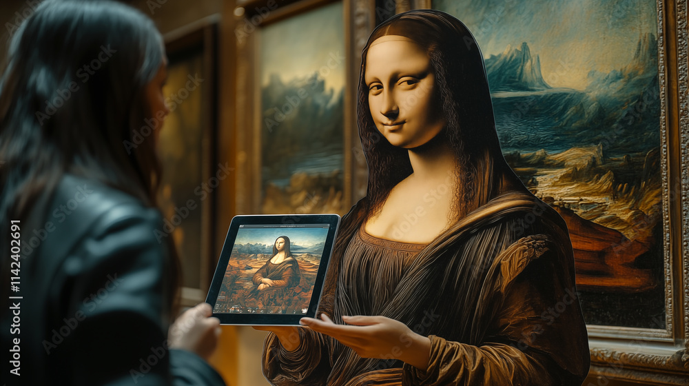 custom made wallpaper toronto digitalWoman looking at picture on digital tablet in museum. Woman holding digital tablet and looking at picture of Mona Lisa