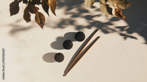 Minimalistic Composition with Black Circular Objects and Wooden Chopsticks Against a Softly Lit Background with Leaves and Natural Shadows photo