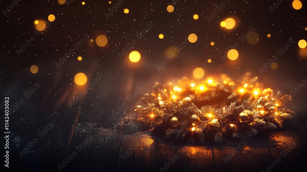 Naklejka premium Holiday card with a glowing advent wreath and golden lights on a dark wooden table